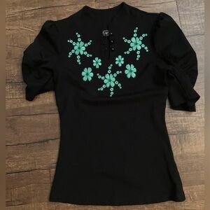 Voodoo Vixen Small Black Top with Turquoise Embroidery, Loop and Button Neck, S